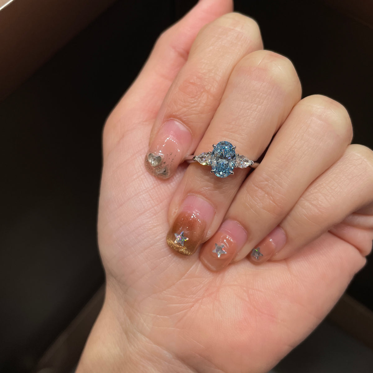 18K White Gold Lab-Grown Blue Diamond Three-Stone Ring