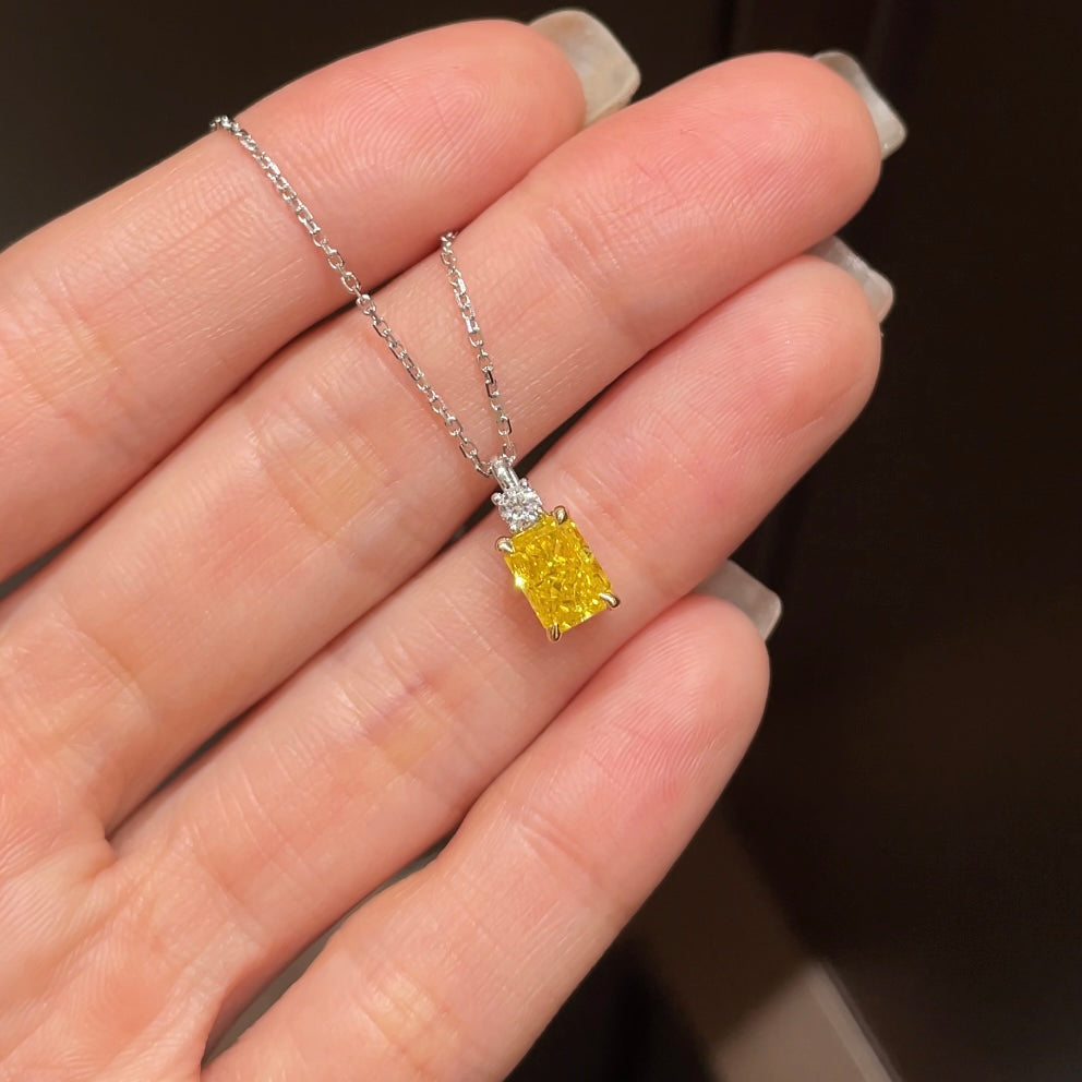 1.15 Ct Radiant Fancy Yellow Diamond Necklace 18K White Gold IGI Certified (2.47g)