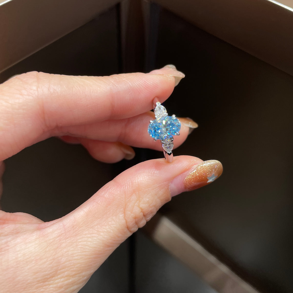 18K White Gold Lab-Grown Blue Diamond Three-Stone Ring