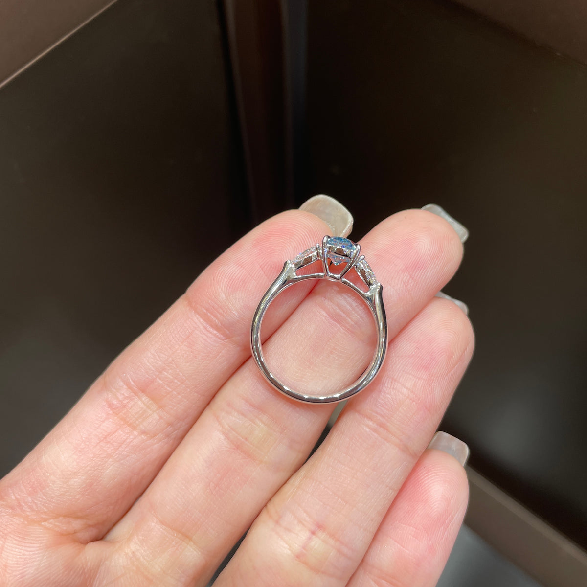 18K White Gold Lab-Grown Blue Diamond Three-Stone Ring