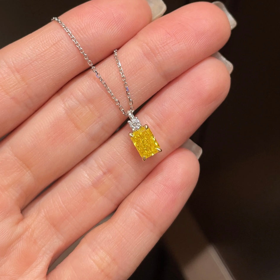 1.15 Ct Radiant Fancy Yellow Diamond Necklace 18K White Gold IGI Certified (2.47g)