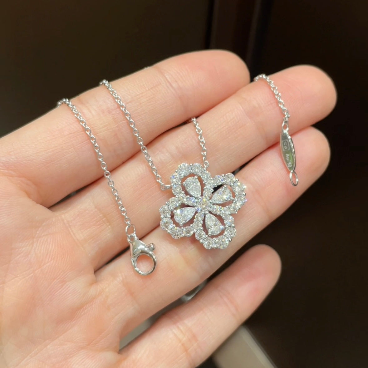 18K White Gold Large Four‑Leaf Clover Diamond Necklace 2.177ct Total Diamond Weight (6.78g)