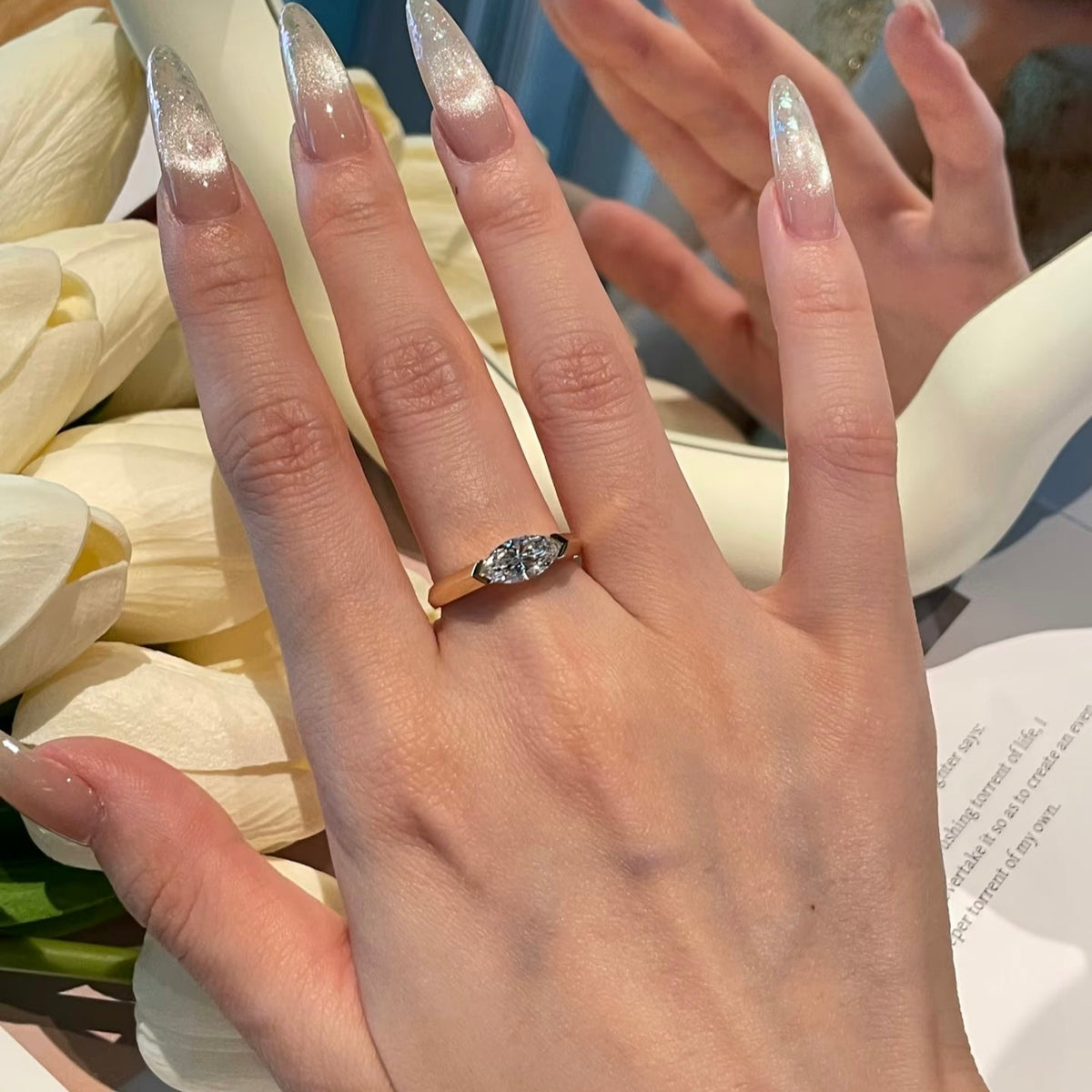 18K Gold 1ct Marquise Lab-Grown Diamond Roma Design Ring